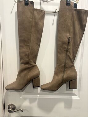 DKNY Taupe Knee-High Block Heel Boots